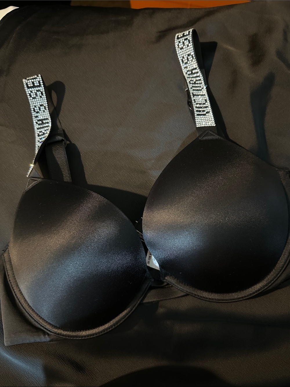 Victoria's Secret Black Padded Bra with Rhinestone Logo Straps